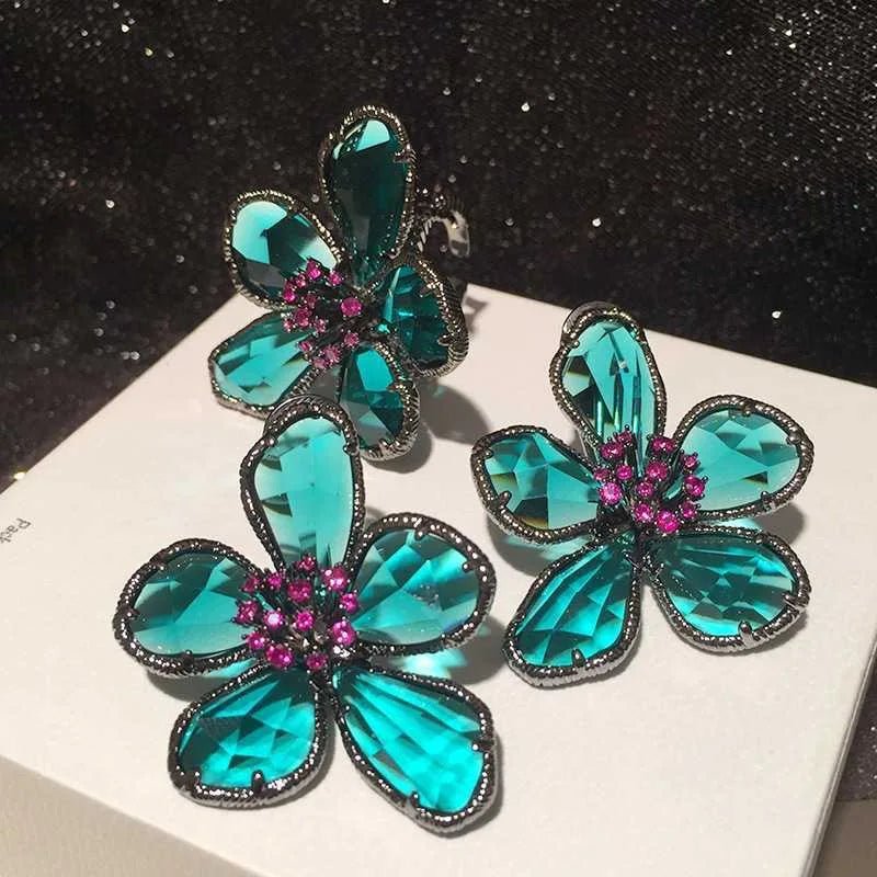 Crystal Flower Stud Earrings Brooch Ring Jewelry for Women Vintage Party Gift - I Bought a Yard Sale