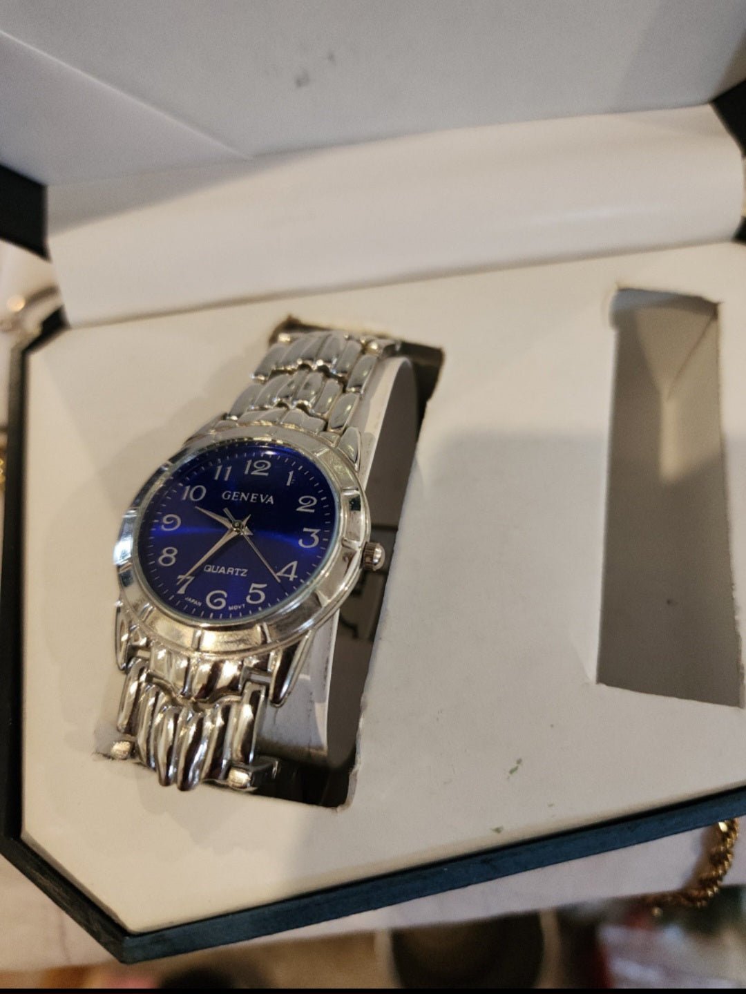 Vintage Men's Blue Geneva Quartz Movement Watch. Stainless steel back. - I Bought a Yard Sale