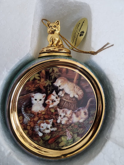 2 1999 Bradford Exchange Porcelain Hanging Figural Cat Round Ball Ornaments - I Bought a Yard Sale