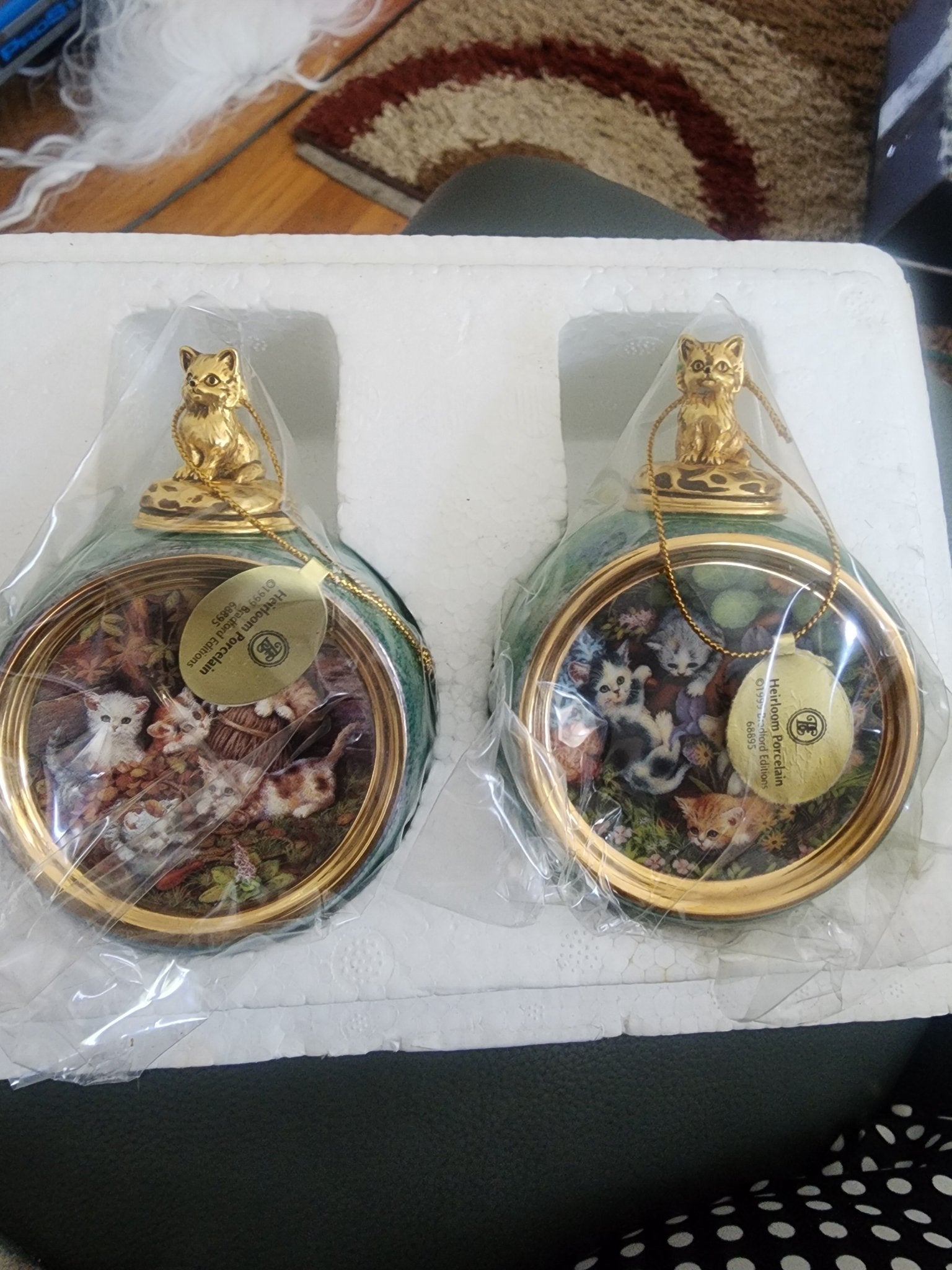 2 1999 Bradford Exchange Porcelain Hanging Figural Cat Round Ball Ornaments - I Bought a Yard Sale