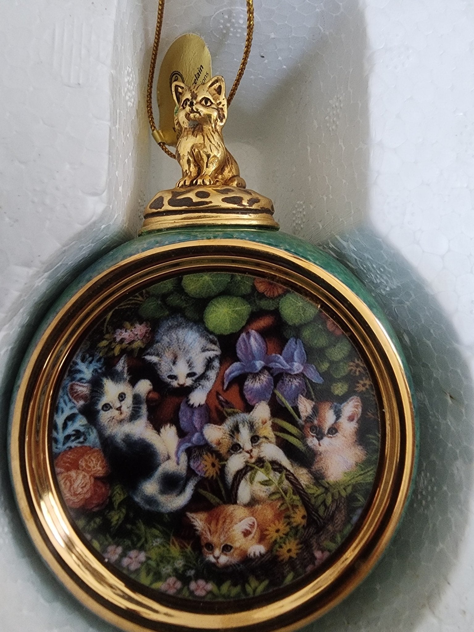 2 1999 Bradford Exchange Porcelain Hanging Figural Cat Round Ball Ornaments - I Bought a Yard Sale