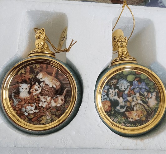 2 1999 Bradford Exchange Porcelain Hanging Figural Cat Round Ball Ornaments - I Bought a Yard Sale