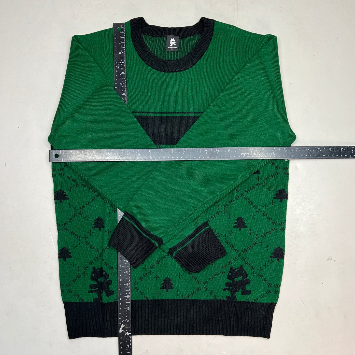 MONSTERCAT Records Soft Holiday Monogram Pullover Sweater Men's Sz M Green