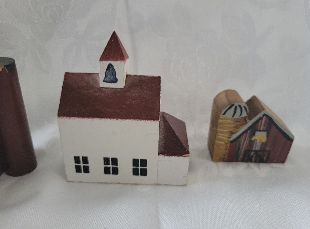 4 Minature wooden whimsical houses church barn - I Bought a Yard Sale