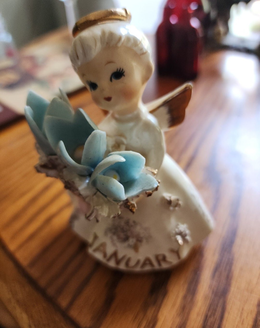 50's LEFTON January ANGEL figurine Japan 489 Snowdrop Garnet aprox 4.5" tall - I Bought a Yard Sale