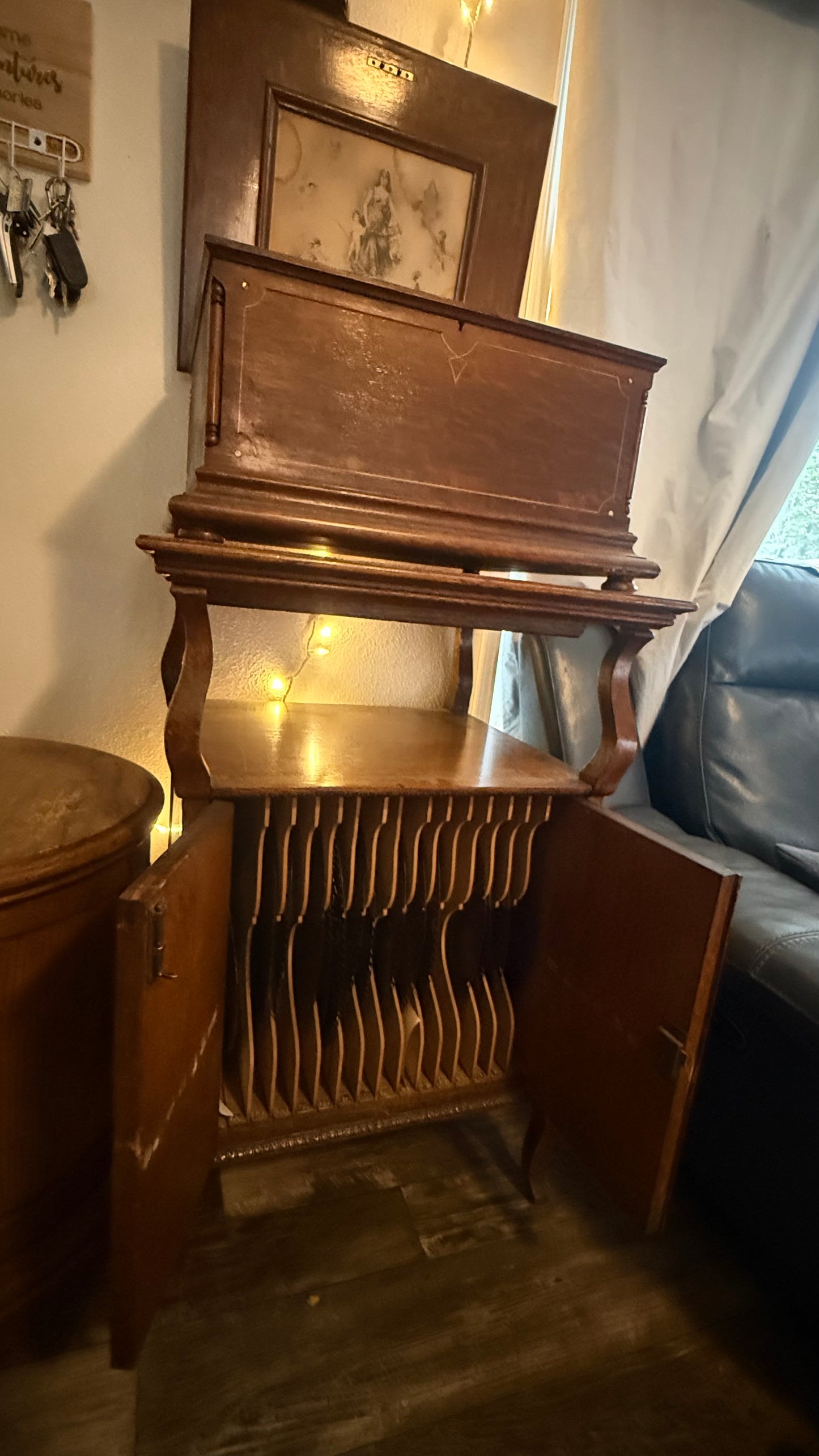 Antique Regina 15.5-Inch Disc Music Box With Original Oak Cabinet Stand & 18 Discs