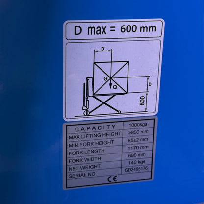 Electric Pallet Jack 1000Kg 62"L x 27"W x 51"H Blue GD2405176