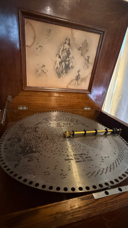 Antique Regina 15.5-Inch Disc Music Box With Original Oak Cabinet Stand & 18 Discs