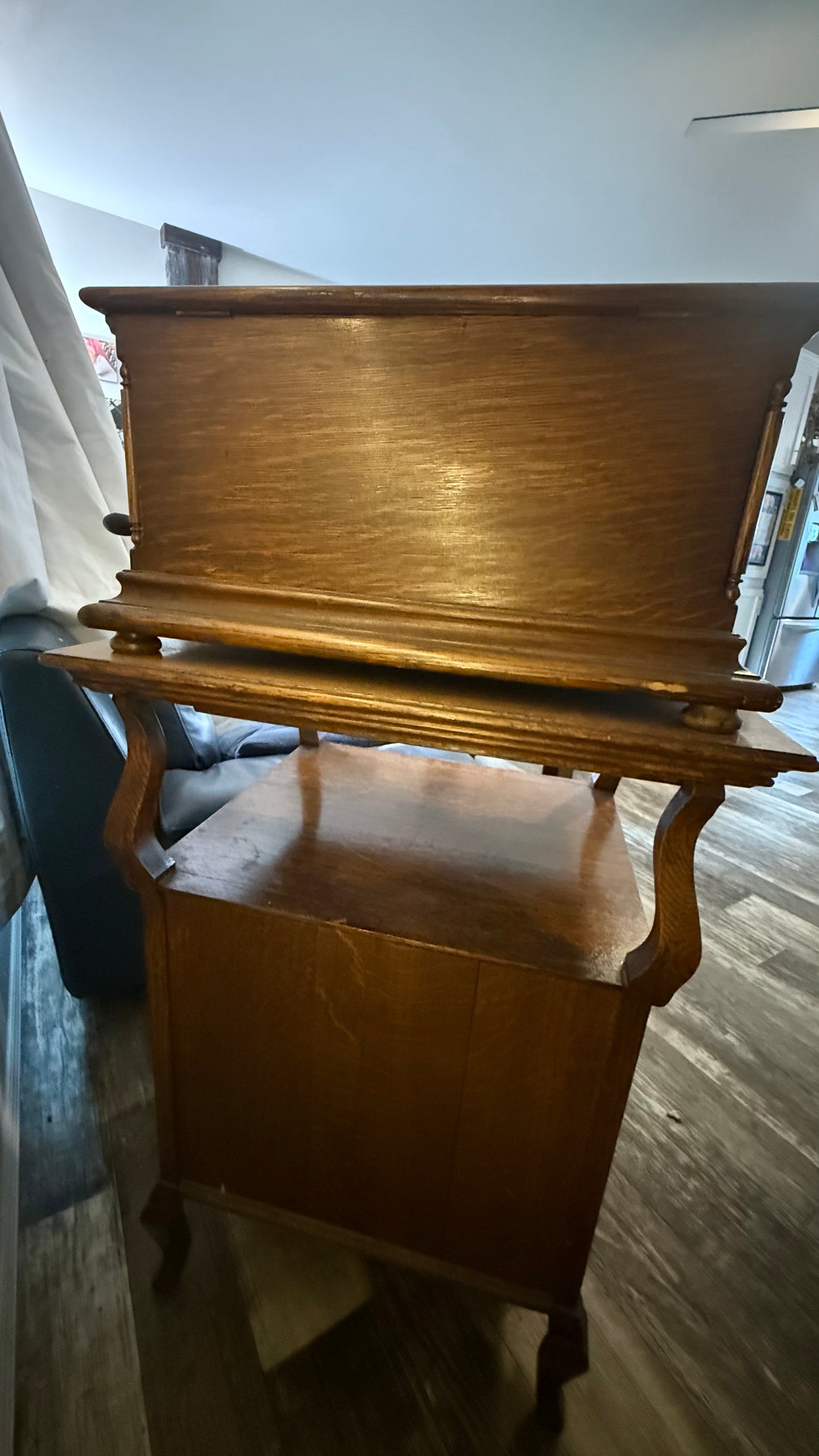 Antique Regina 15.5-Inch Disc Music Box With Original Oak Cabinet Stand & 18 Discs