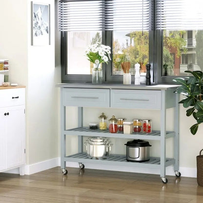 Light Gray Rolling Kitchen Island 2 Drawers Storage with Stainless Steel Top