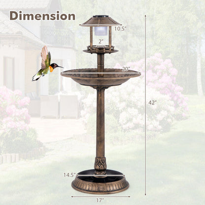 Pedestal Bird Bath with Solar Light with Bird Feeder and Flower Planter-Green