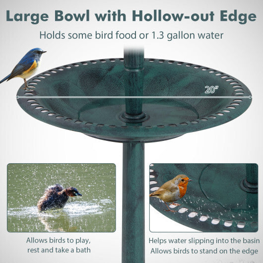Pedestal Bird Bath with Solar Light with Bird Feeder and Flower Planter-Green