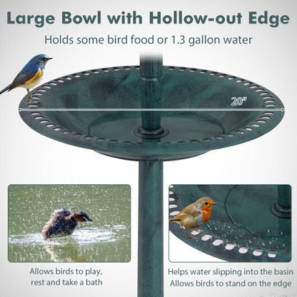Pedestal Bird Bath with Solar Light with Bird Feeder and Flower Planter-Green