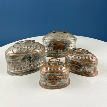 Hand Pounded Copper Cricket Boxes with Hinged Lids. Set of 4 Oval Metal Boxes with Perforated Bases. Rustic Collection of Containers.