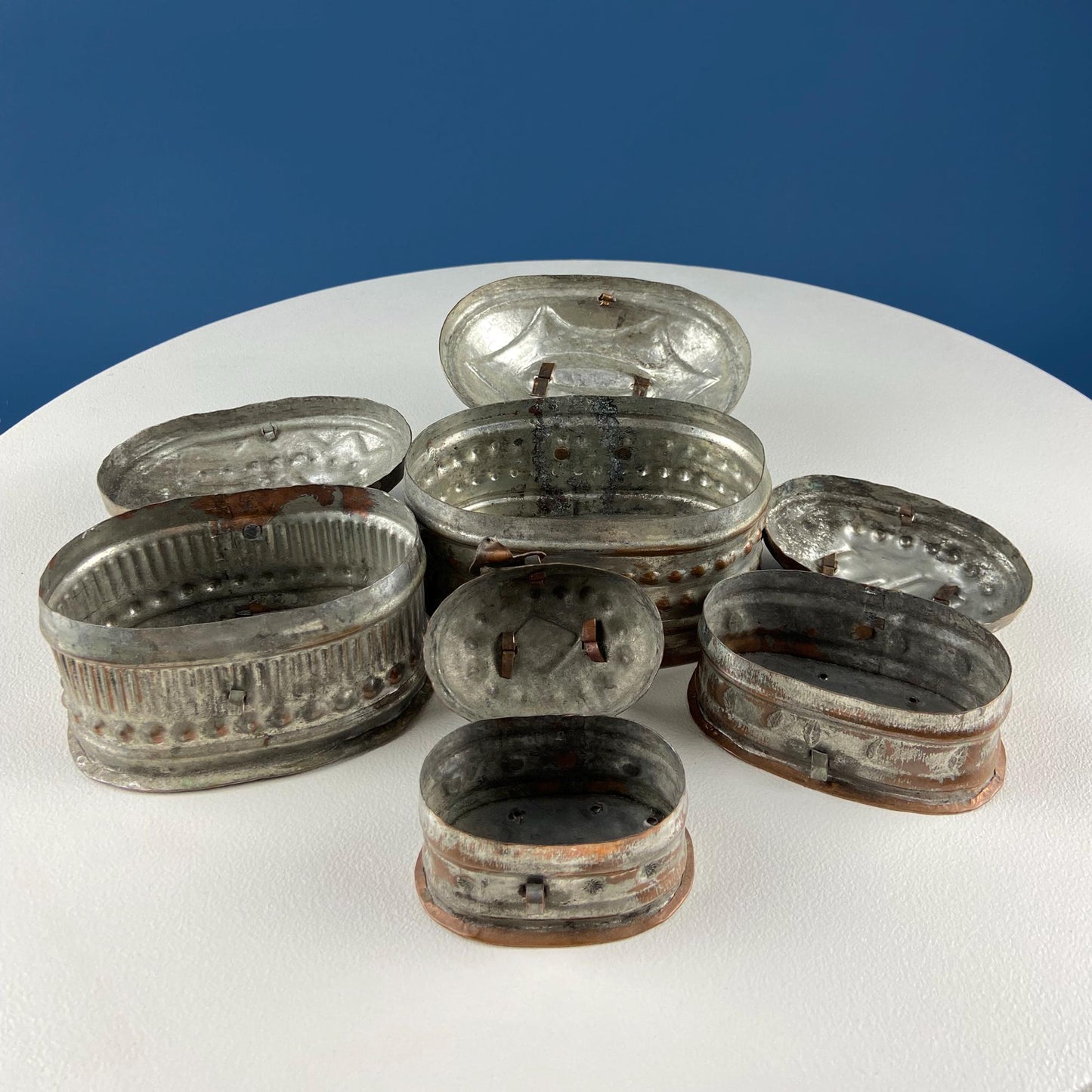 Hand Pounded Copper Cricket Boxes with Hinged Lids. Set of 4 Oval Metal Boxes with Perforated Bases. Rustic Collection of Containers.