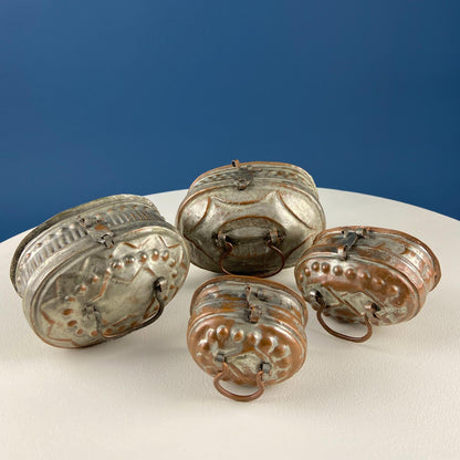 Hand Pounded Copper Cricket Boxes with Hinged Lids. Set of 4 Oval Metal Boxes with Perforated Bases. Rustic Collection of Containers.