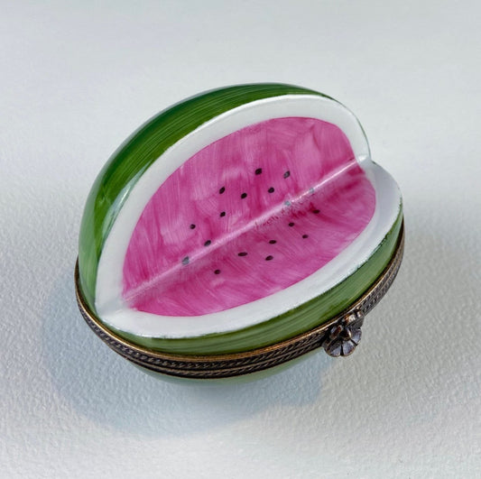 Watermelon Shaped Limoges Box with Flower Clasp. Vintage Gifts. Highly Collectible Porcelain Pill or Trinket Box. Gift for Melon Fan. Gift for Mom.