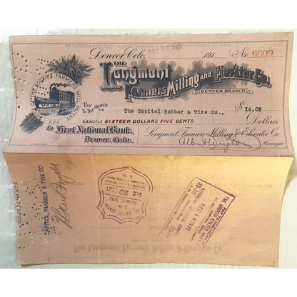 Antique 1921 Longmont Farmers Milling Voucher Check Unearthed