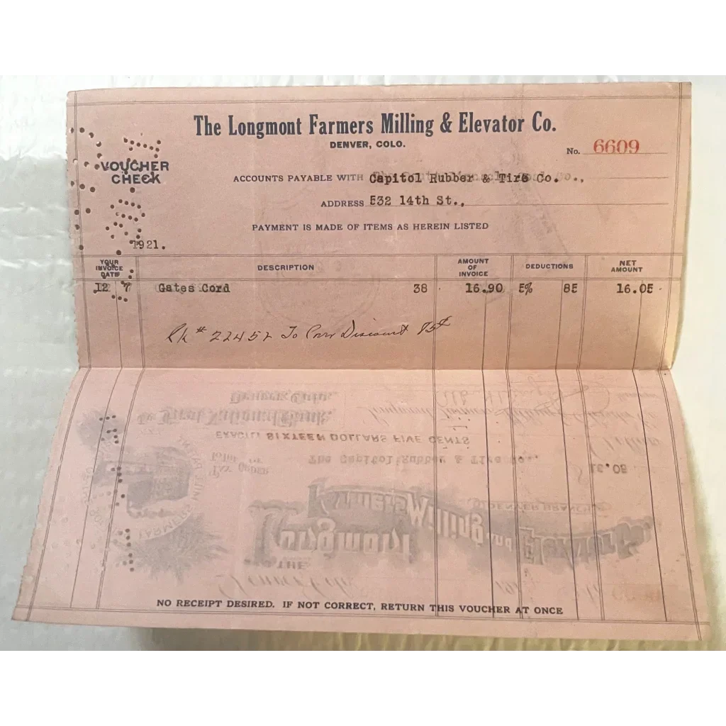 Antique 1921 Longmont Farmers Milling Voucher Check Unearthed
