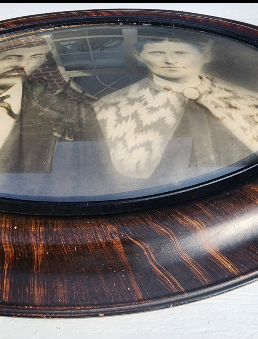 Antique Sepia Portrait In Convex Glass & Tiger Wood. 24.5" x 18.5" Frame - I Bought a Yard Sale