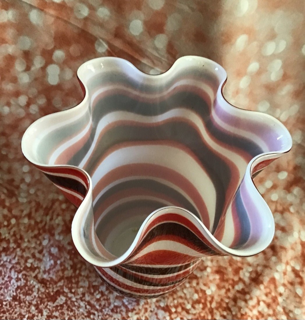 Art Glass Candy striped with black Ruffled Vase - I Bought a Yard Sale