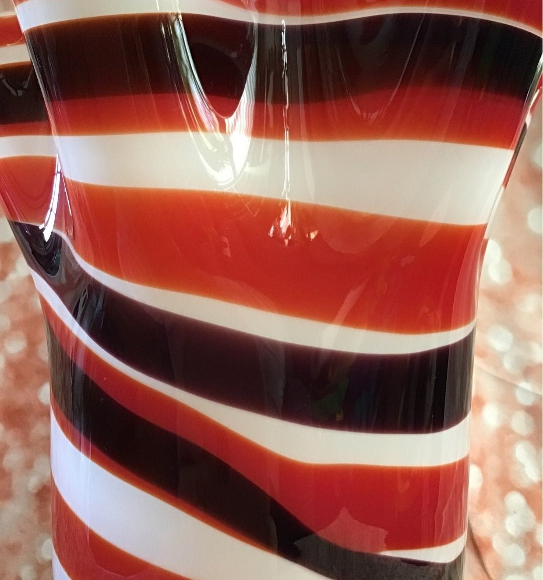 Art Glass Candy striped with black Ruffled Vase - I Bought a Yard Sale
