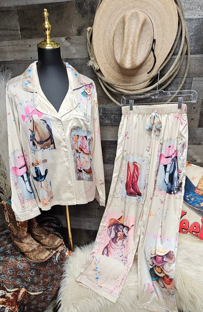 Baha Ranch Danilo Painted Cowgirl Satin Long Pajamas - I Bought a Yard Sale