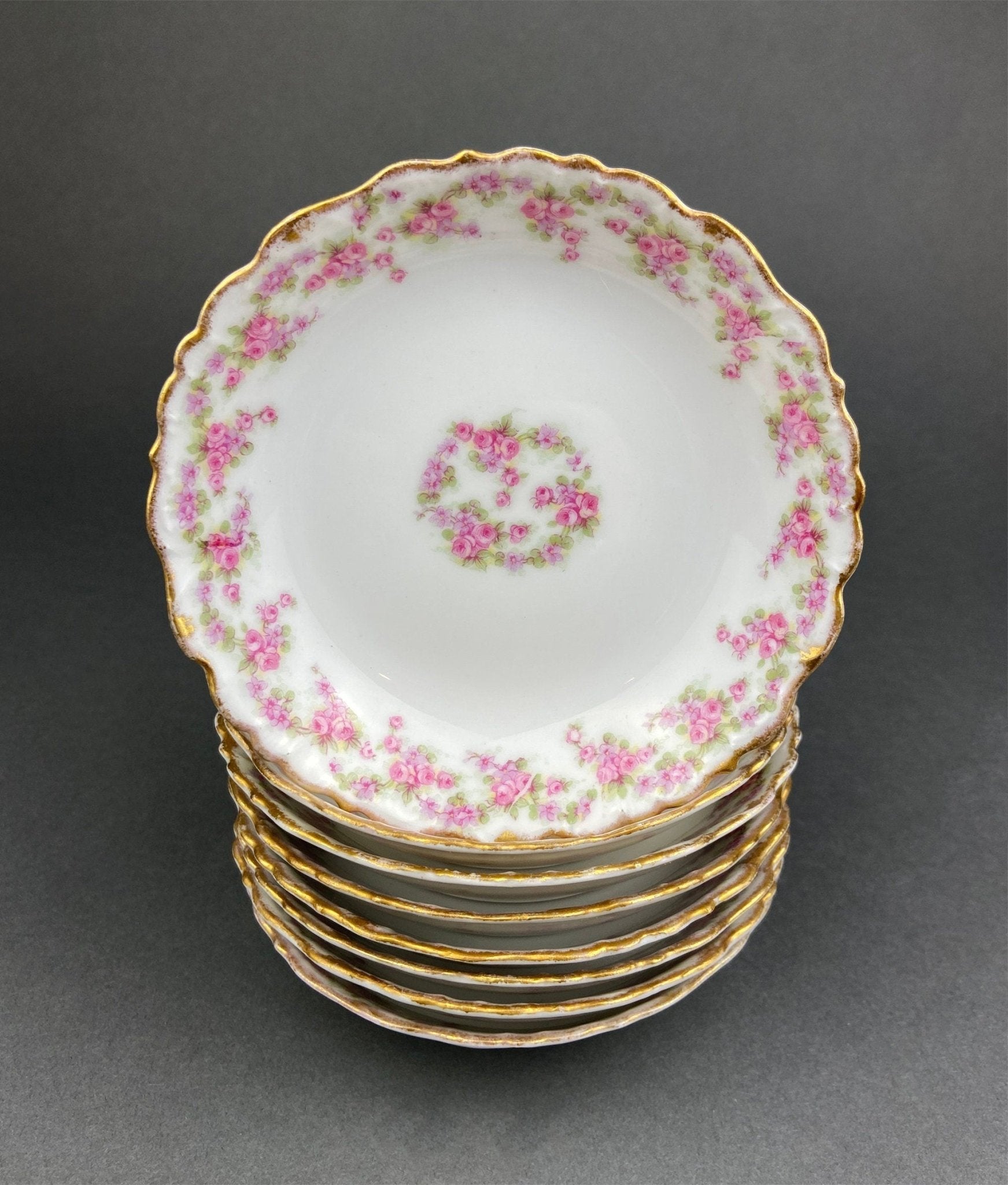 Berry Bowls by Limoges Elite. Set of Eight Berry Bowls. 5 inch Serving Bowls with Pink Roses & Scalloped Rim. - I Bought a Yard Sale