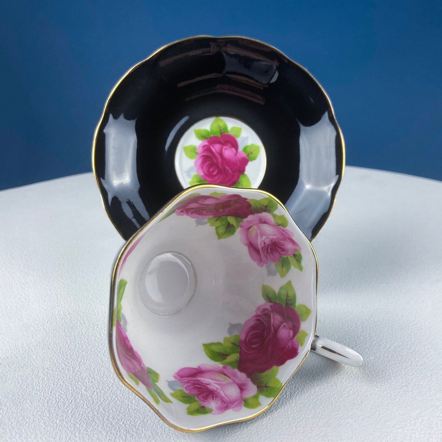 Black Cup and Saucer with Roses on White Background Inside the Cup. Royal Albert Old Country Rose Tea Set. Hand Painted Pink & Red Roses. - I Bought a Yard Sale