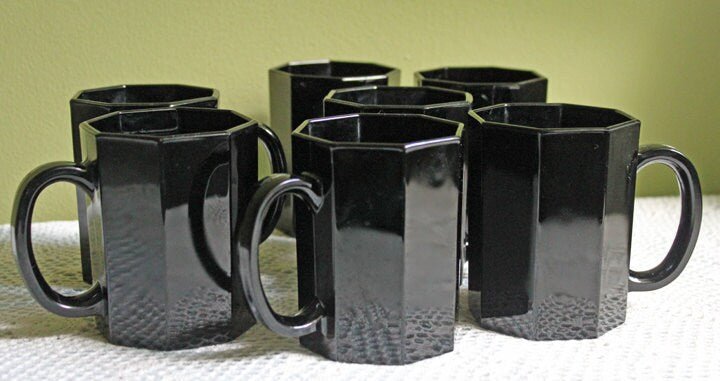 Black Glass Mugs. Six Modern Octagonal Design Cups Made by Arcopal in France. - I Bought a Yard Sale