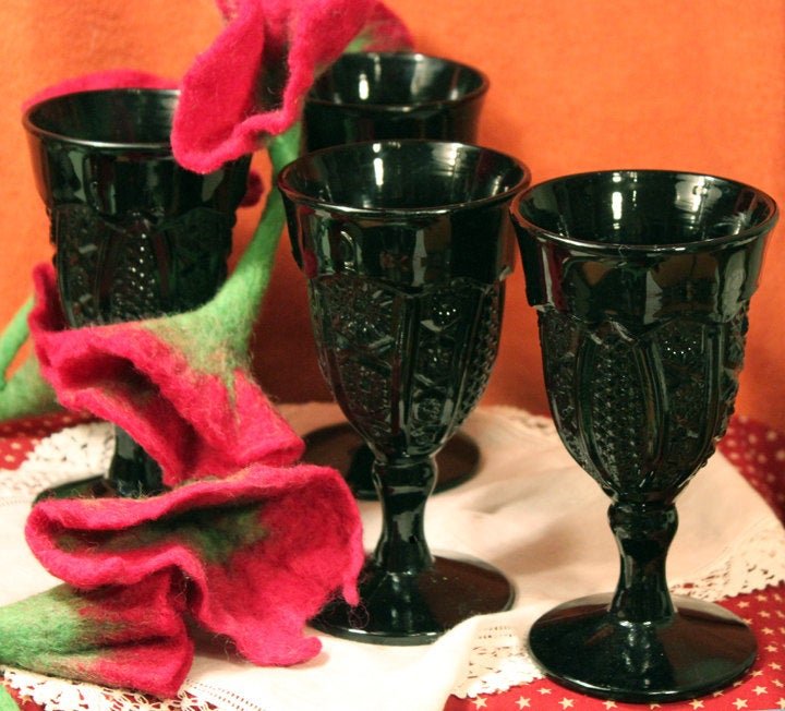 Black Goblets Pressed Glass Ornate Water of Wine Goblets - I Bought a Yard Sale