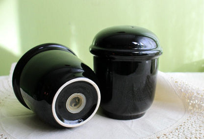 Black Porcelain Salt and Pepper Shakers - Amethyst Glass - I Bought a Yard Sale