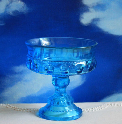 Blue Glass Footed Bowl - Thumb Print Pattern - I Bought a Yard Sale