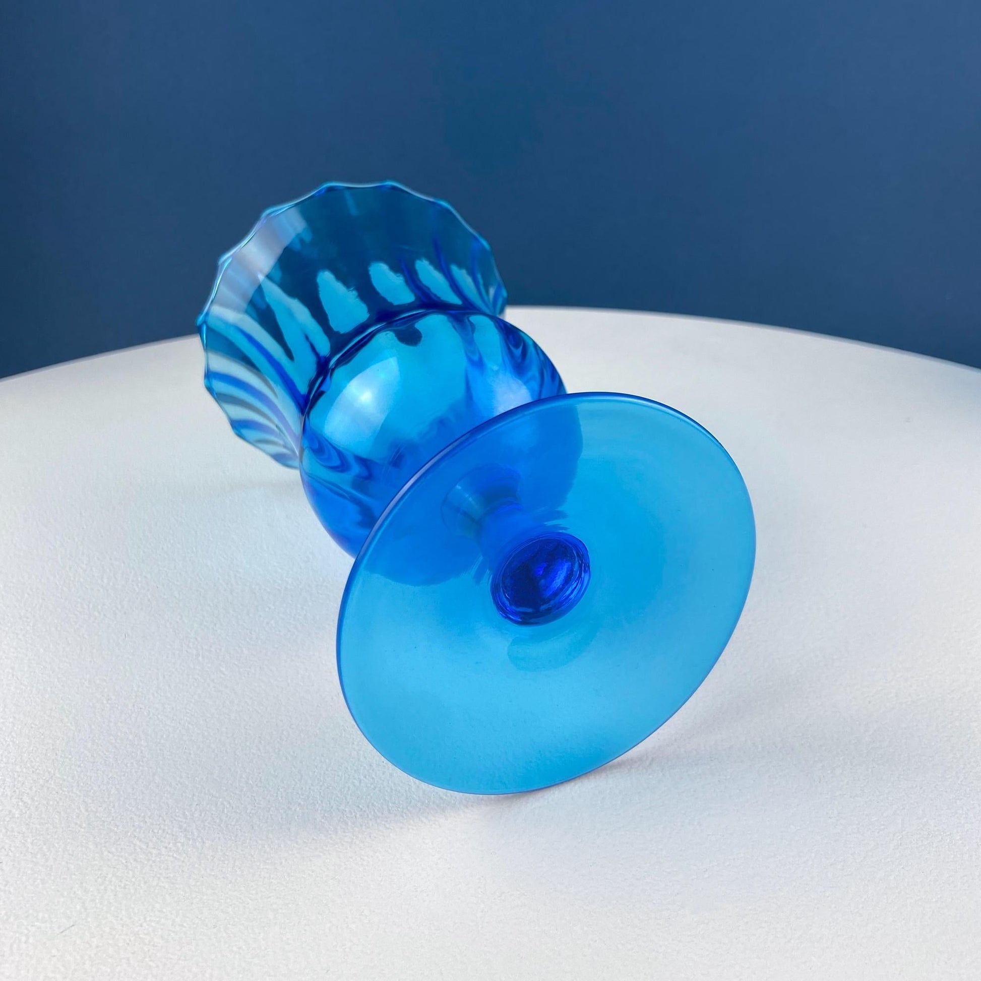 Blue Hand - Blown Glass Footed Vase. Large Goblet with Thumb Print Motif. Collectible Modern Glass. Home or Retail Decor. Interior Design Idea - I Bought a Yard Sale