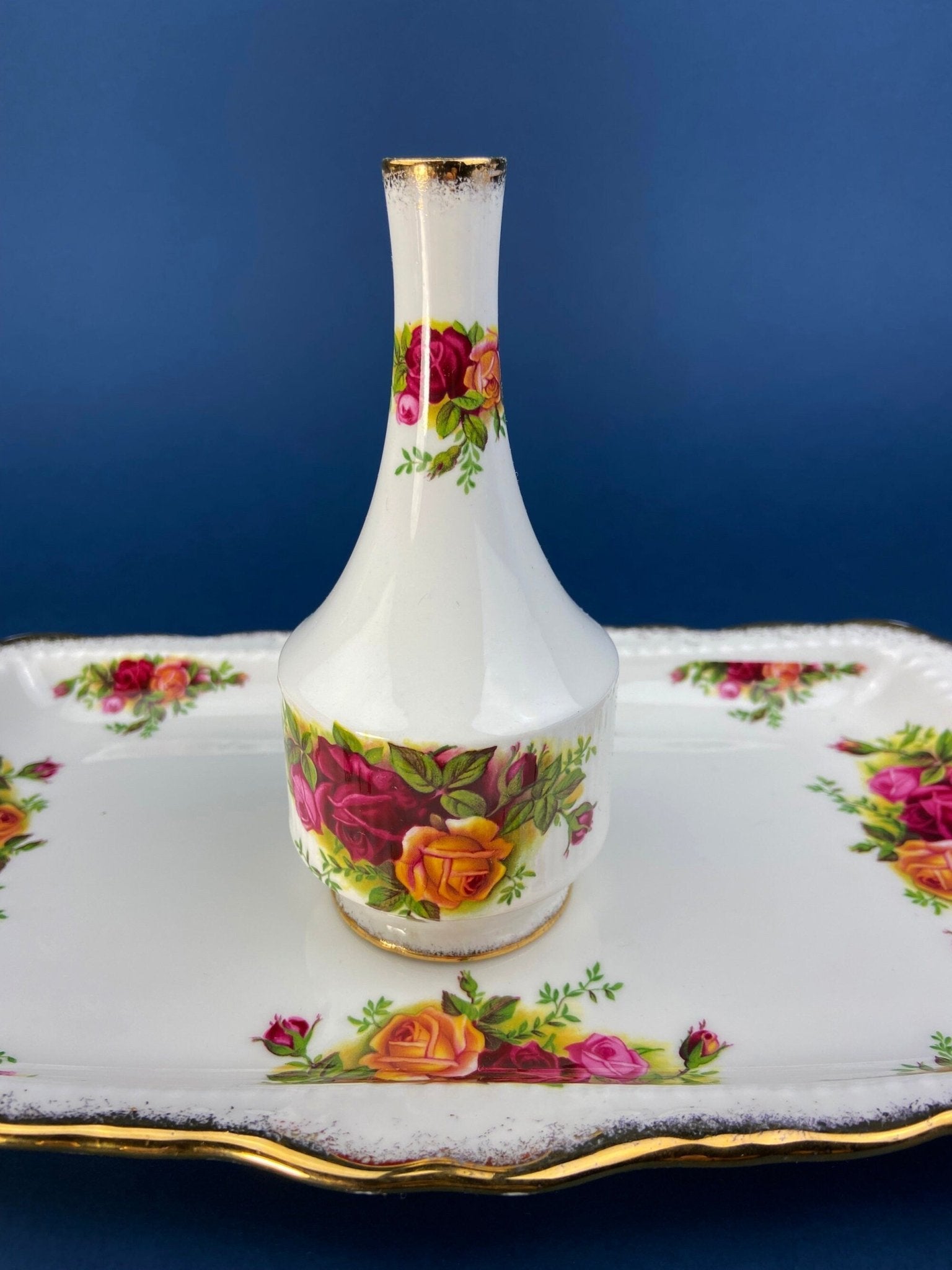 Breakfast Tray, Creamer, Sugar Bowl, and Vase by Royal Albert. Old Country Roses Motif. Made in England. Gift for Her. Gift for Mother. - I Bought a Yard Sale