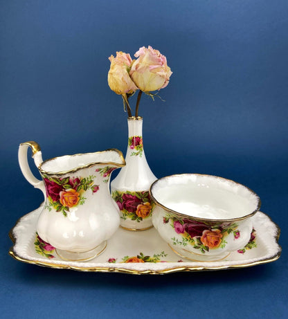 Breakfast Tray, Creamer, Sugar Bowl, and Vase by Royal Albert. Old Country Roses Motif. Made in England. Gift for Her. Gift for Mother. - I Bought a Yard Sale
