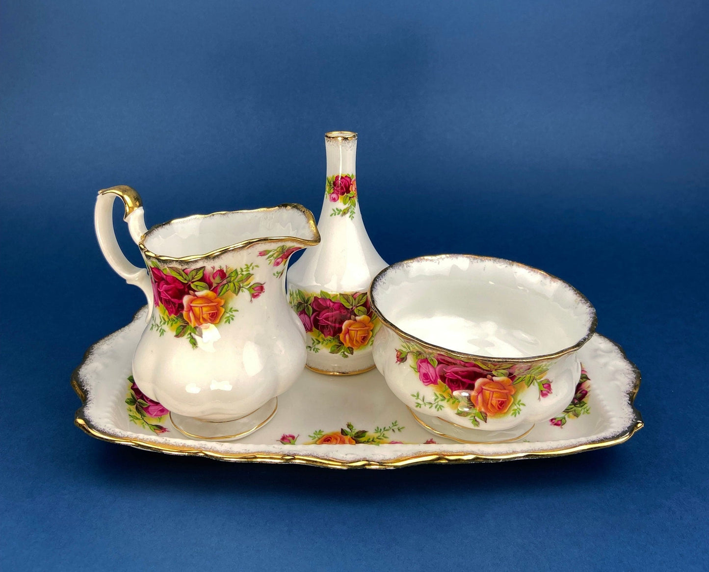 Breakfast Tray, Creamer, Sugar Bowl, and Vase by Royal Albert. Old Country Roses Motif. Made in England. Gift for Her. Gift for Mother. - I Bought a Yard Sale