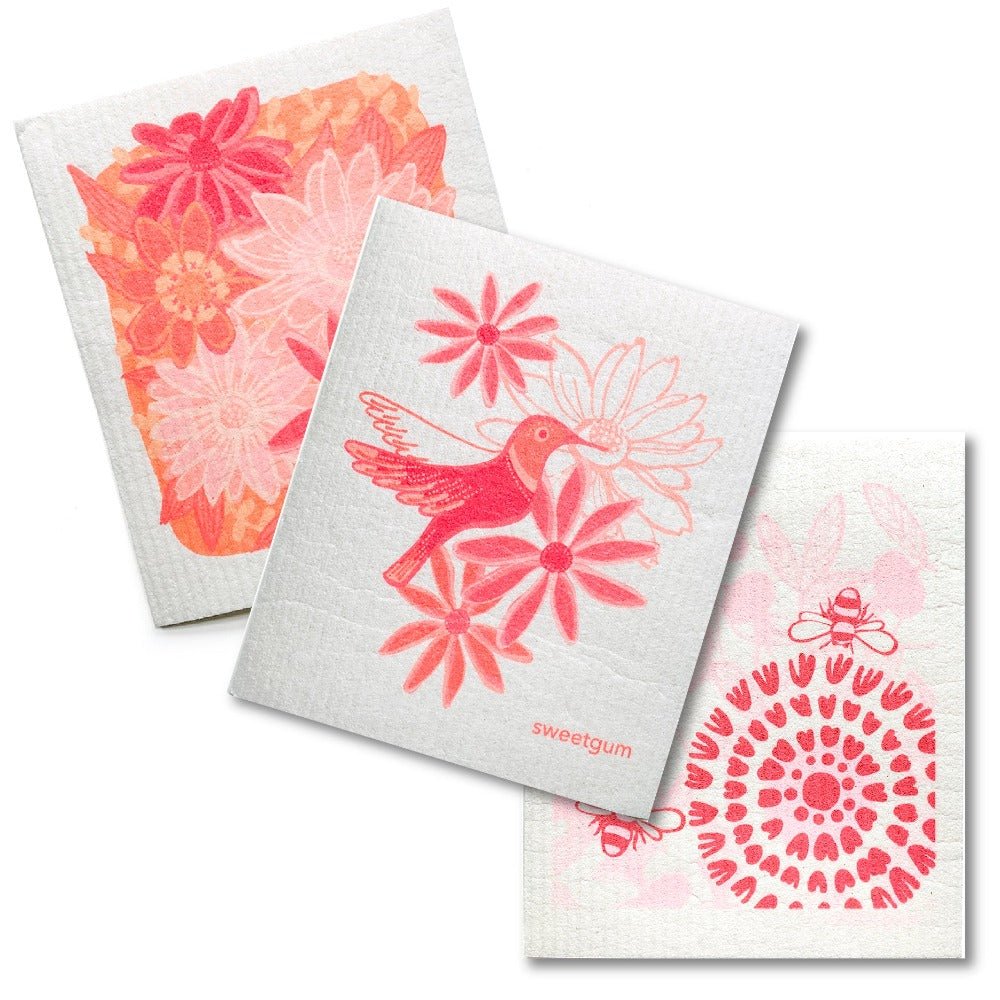 Bundle of 3 Swedish Dishcloths | Pink Flowers & Hummingbird - I Bought a Yard Sale