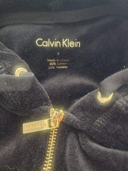 Calvin Klein Velour Jacket Women's Small Black Gold Rhinestone CK Logo Full Zip - I Bought a Yard Sale