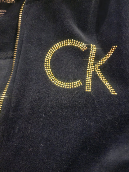 Calvin Klein Velour Jacket Women's Small Black Gold Rhinestone CK Logo Full Zip - I Bought a Yard Sale