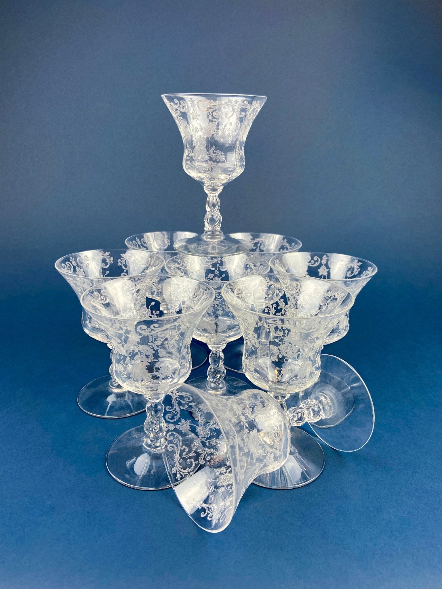 Cambridge Chantilly Low Sherbet Wine Glasses. Set of Nine Champagne Stemware. Vintage Collectible Glasses. - I Bought a Yard Sale