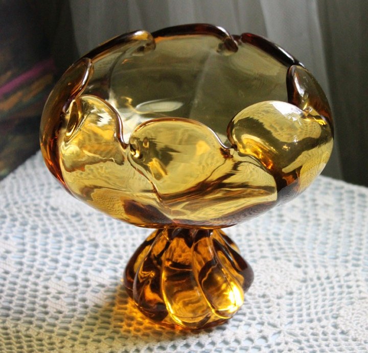 Candy Bowl. Amber Glass Footed Bowl. Pinched Rim Bowl or Compote with Scalloped Rim and Ornate Foot. Glass Art Home Decor. - I Bought a Yard Sale
