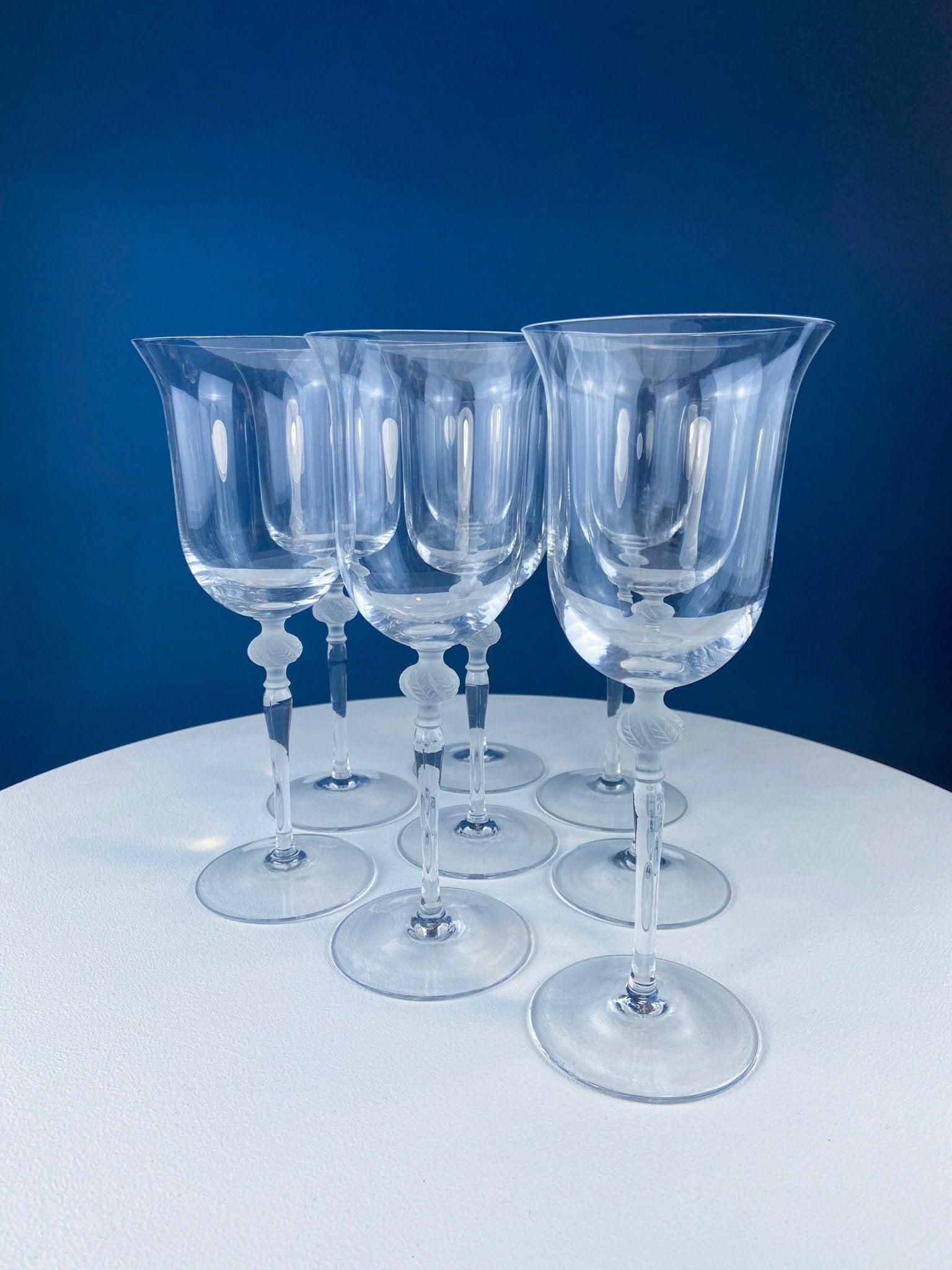 Clear Crystal Wine or Water Goblets with Frosted Leaf Ball on the Stems. Stunning Sasaki Isabelle 9" Glassware. Long Ping. Set Of 10. - I Bought a Yard Sale