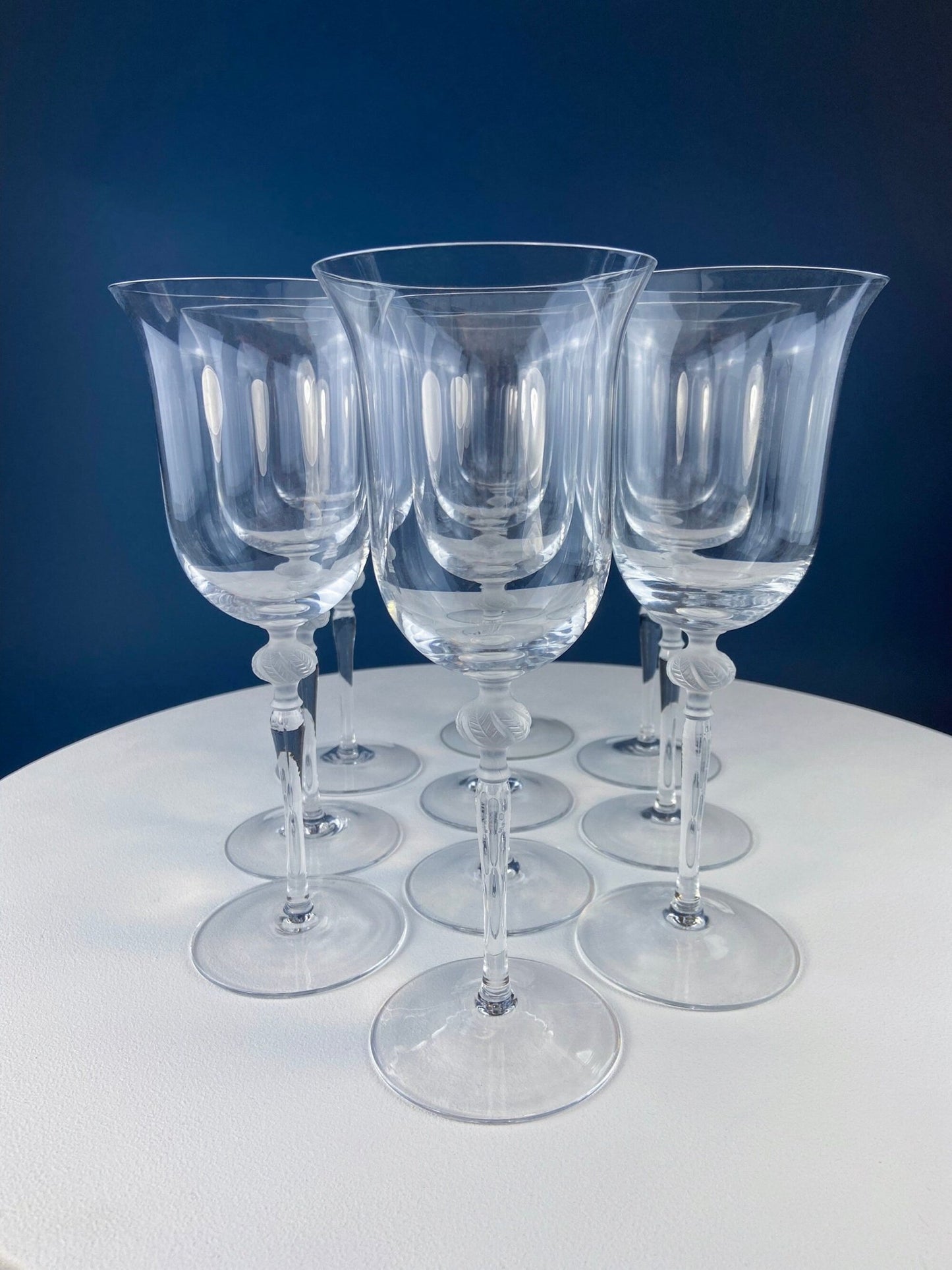Clear Crystal Wine or Water Goblets with Frosted Leaf Ball on the Stems. Stunning Sasaki Isabelle 9" Glassware. Long Ping. Set Of 10. - I Bought a Yard Sale
