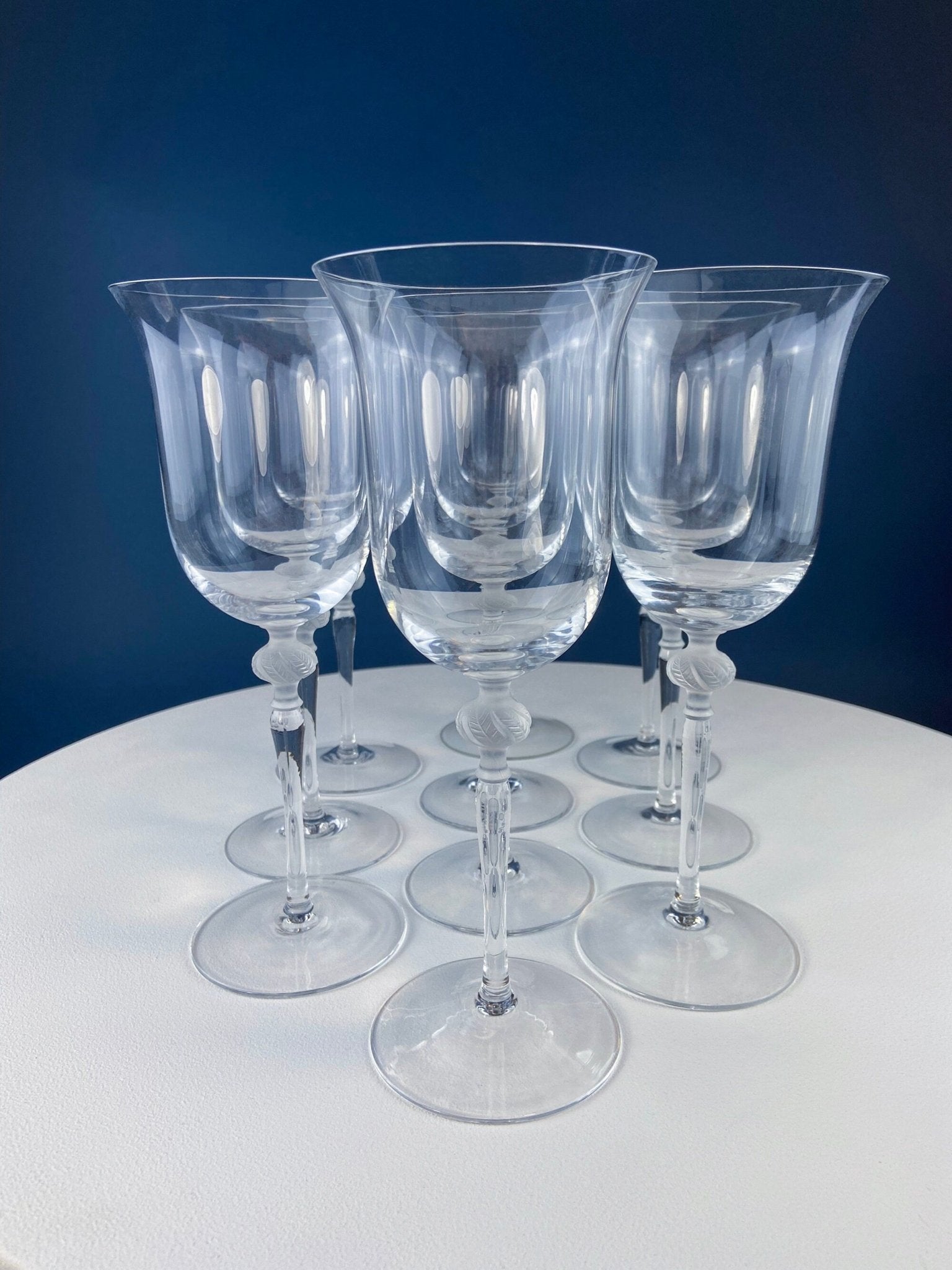Clear Crystal Wine or Water Goblets with Frosted Leaf Ball on the Stems. Stunning Sasaki Isabelle 9" Glassware. Long Ping. Set Of 10. - I Bought a Yard Sale
