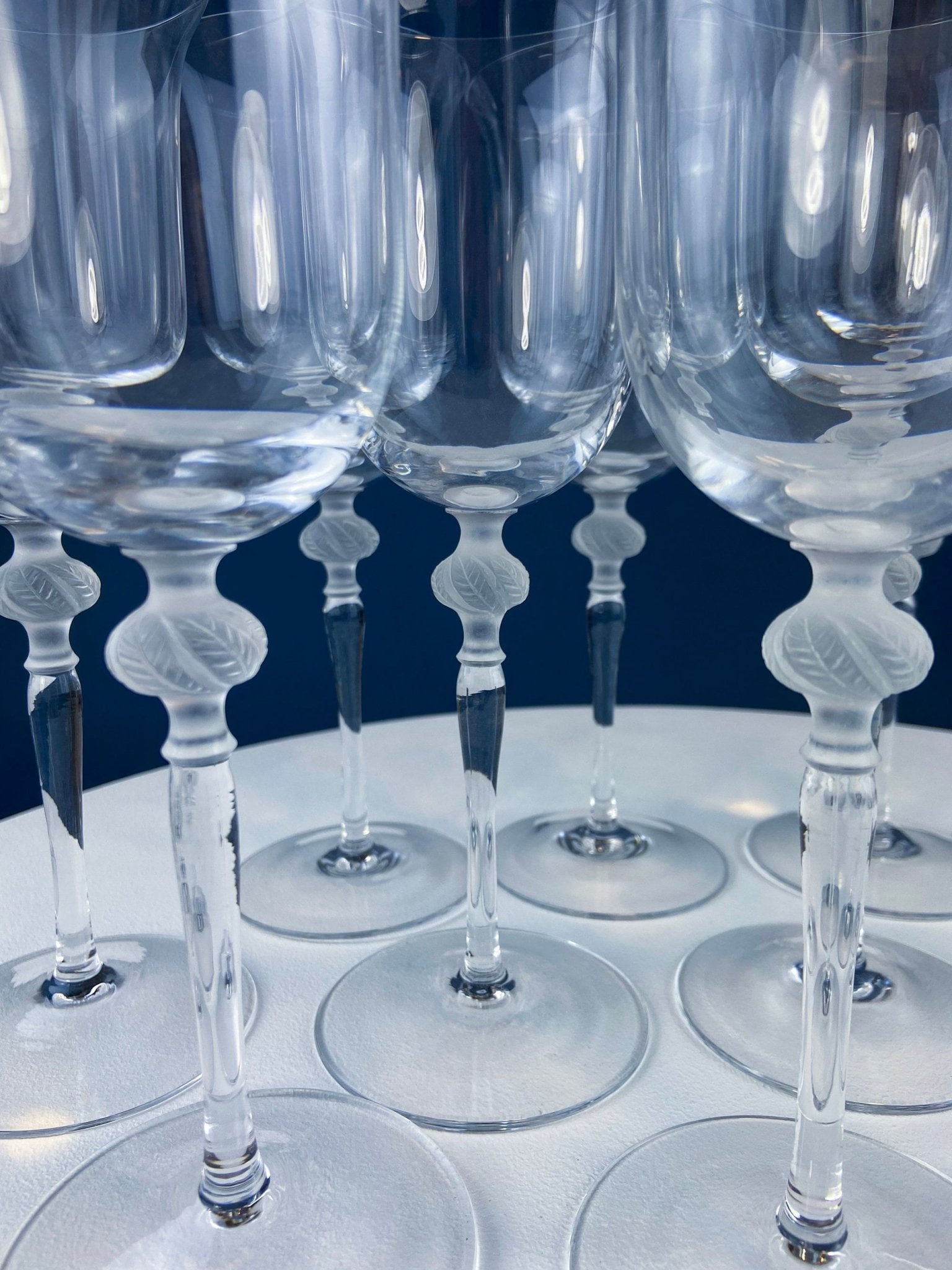 Clear Crystal Wine or Water Goblets with Frosted Leaf Ball on the Stems. Stunning Sasaki Isabelle 9" Glassware. Long Ping. Set Of 10. - I Bought a Yard Sale