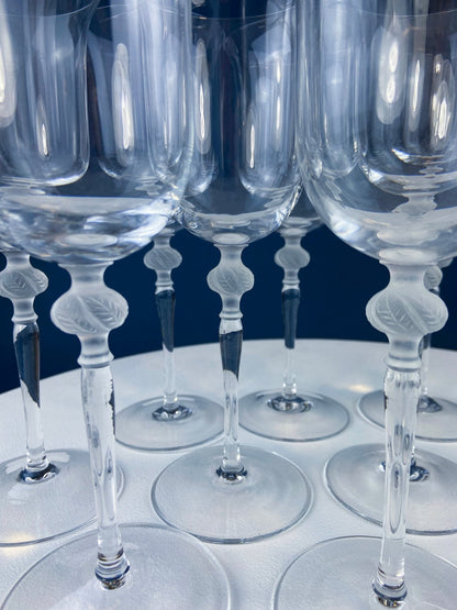 Clear Crystal Wine or Water Goblets with Frosted Leaf Ball on the Stems. Stunning Sasaki Isabelle 9" Glassware. Long Ping. Set Of 10. - I Bought a Yard Sale