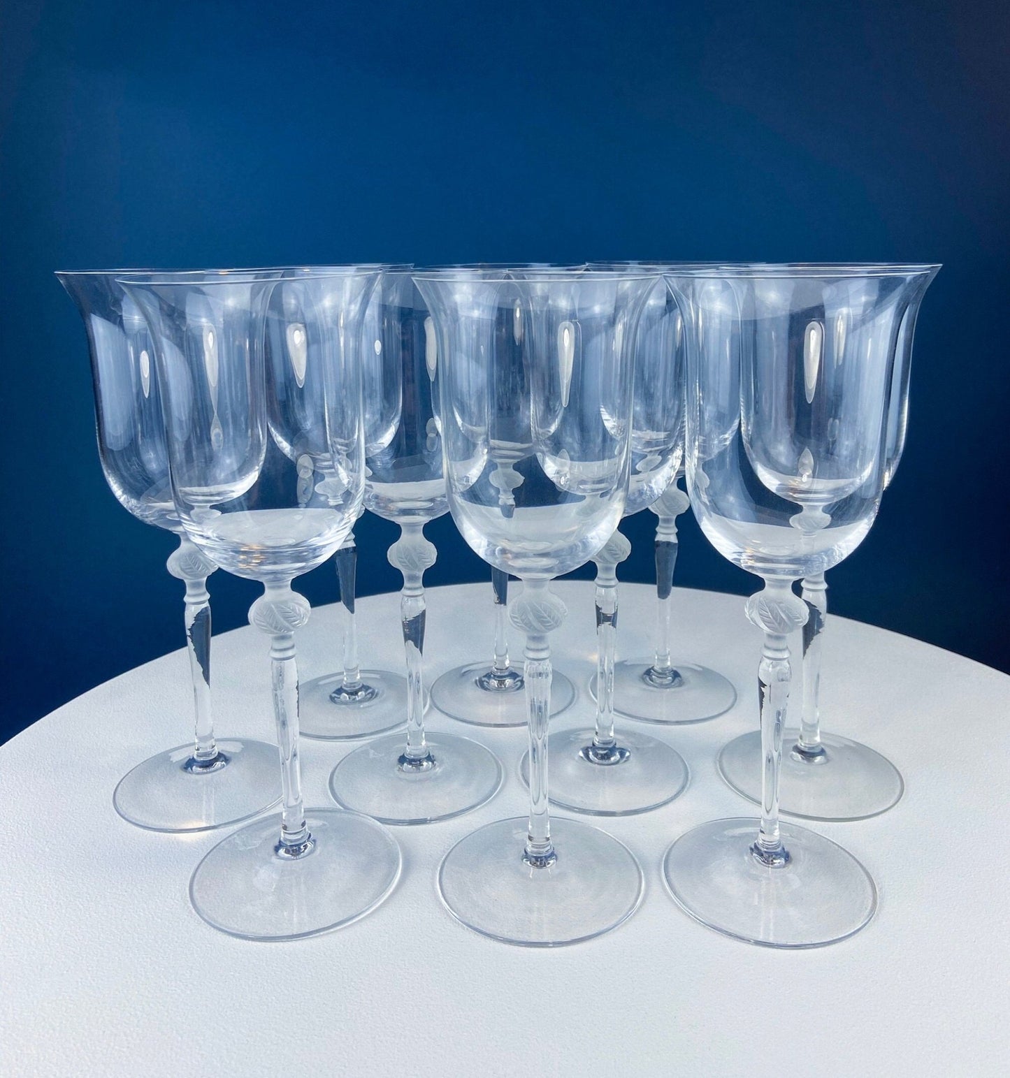Clear Crystal Wine or Water Goblets with Frosted Leaf Ball on the Stems. Stunning Sasaki Isabelle 9" Glassware. Long Ping. Set Of 10. - I Bought a Yard Sale