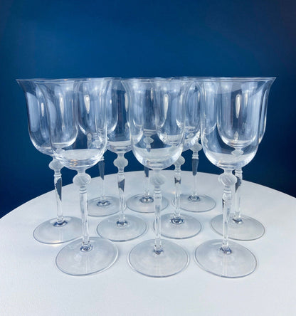 Clear Crystal Wine or Water Goblets with Frosted Leaf Ball on the Stems. Stunning Sasaki Isabelle 9" Glassware. Long Ping. Set Of 10. - I Bought a Yard Sale