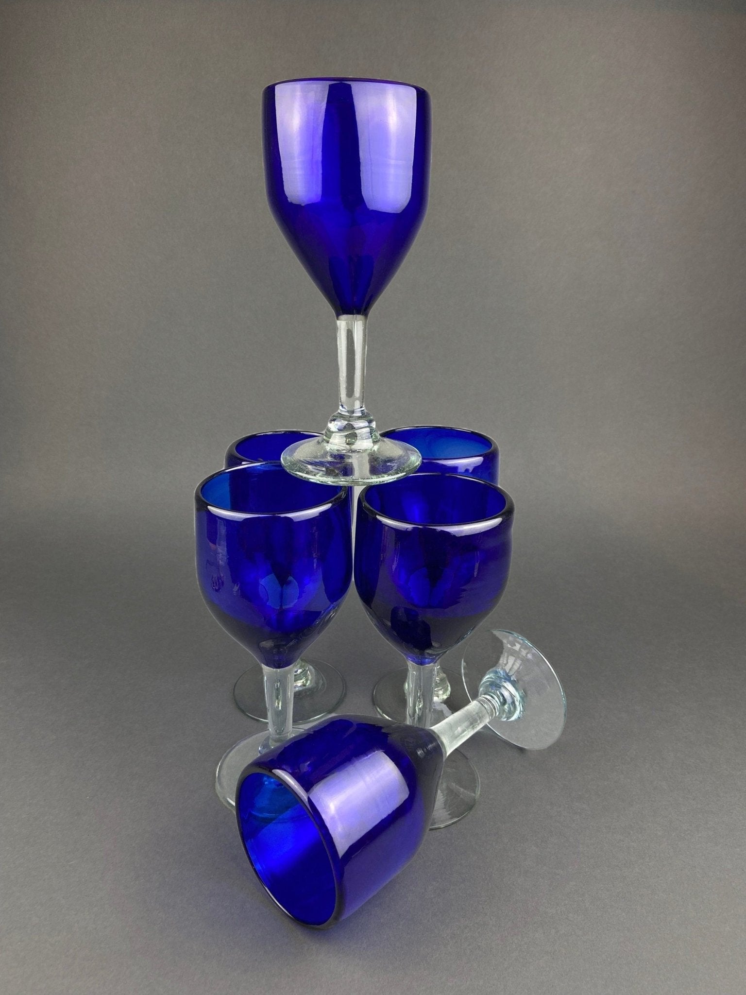 Cobalt Blue Hand Blown Stemware. Set of Six Heavy Spanish/Mexican Style Stemed Glasses. Primitive Drinkware. Stylish Barware. - I Bought a Yard Sale